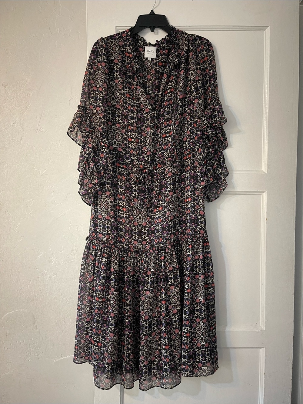 Misa Los Angeles Black Floral Ruffle Midi Dress with Pink & Cream Accents